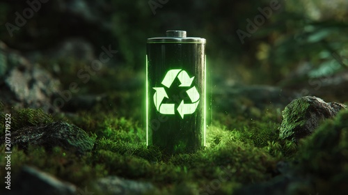 A metallic battery surrounded by lush green moss, featuring a glowing recycle symbol, symbolizing sustainability and eco-friendliness.