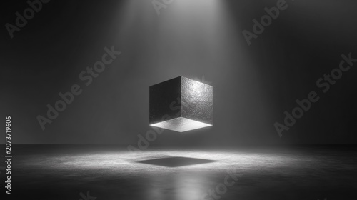 A floating, reflective cube illuminates a dark space with soft beams of light, creating a sense of mystery and depth.