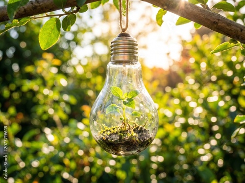 Small green plant growing inside a glass light bulb hanging from a tree branch in sunlight