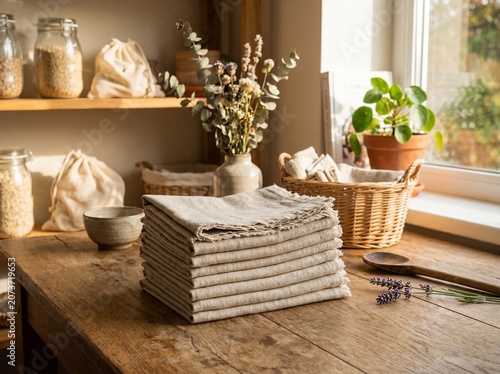 A stack of folded natural linen napkins placed on a rustic wooden table in a sunlit farmhouse kitchen
