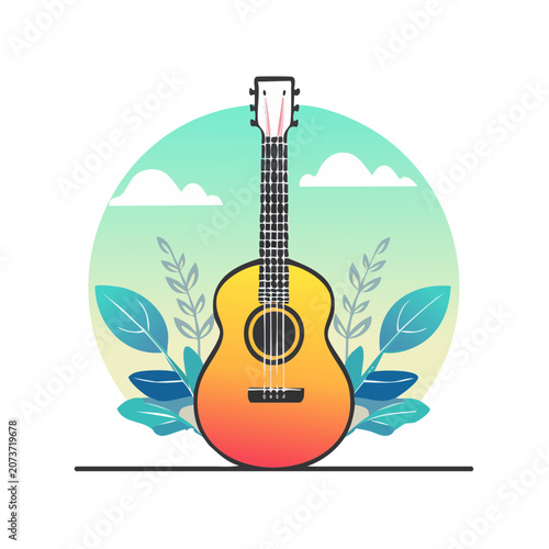 Flat illustration of an acoustic guitar with leaves and sky