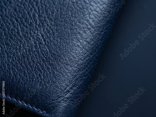 Close up detail of a dark blue leather surface with natural grain texture and stitching lines