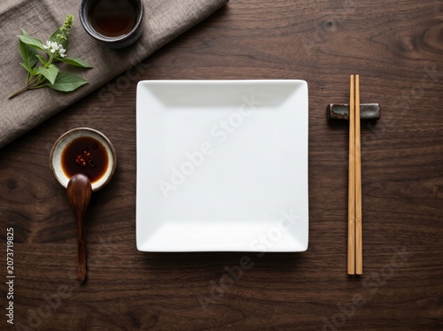 Empty square white plate with wooden chopsticks and soy sauce on a dark rustic wooden table