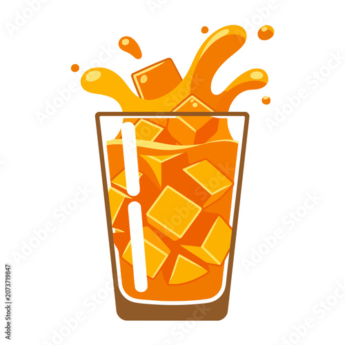 Orange juice in glass with ice and splash
