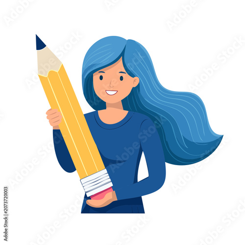 Woman with long blue hair holding a giant pencil