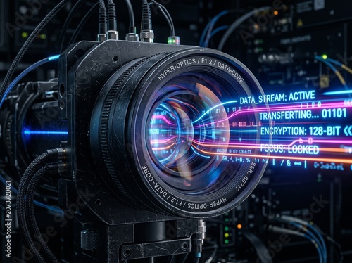 Close up of a high tech camera lens recording digital data streams and network information