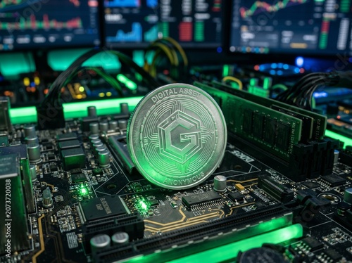 Glowing digital asset coin resting on a complex computer motherboard with circuit board components