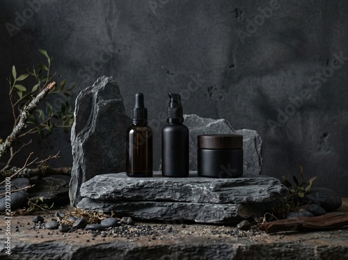 Cosmetic serum and cream jars arranged on stacked slate stone surfaces in a zen spa environment