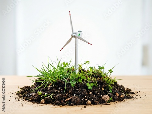 Miniature wind turbine model placed in a patch of soil with green grass and clover leaves