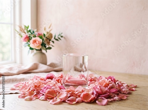 Clear glass cylinder centerpiece surrounded by a ring of delicate pink rose petals on a rustic table