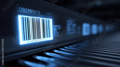 Close-up of a glowing barcode on a conveyor belt, focused on retail technology and inventory management.