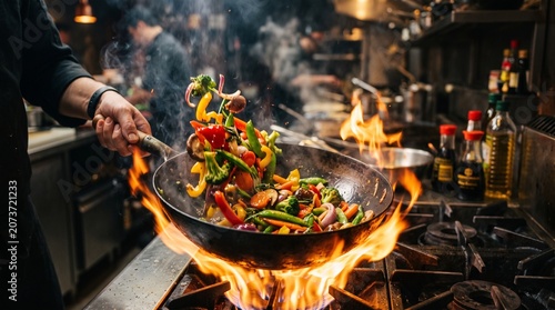 A chef skillfully tosses colorful vegetables in a wok over a roaring flame in a busy commercial kitchen, creating a vibrant stir-fry.