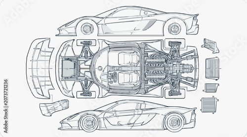 Tableau sur toile Car Interior Disassembly Technical Blueprint.