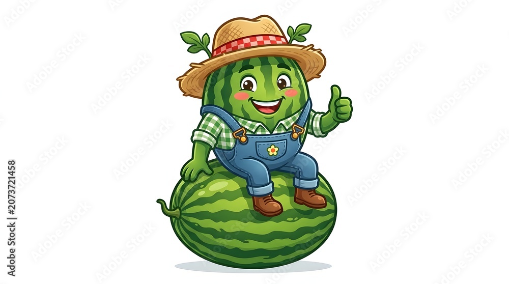 Fototapeta premium Cute Watermelon Farmer Character Mascot Giving Thumbs Up Illustration