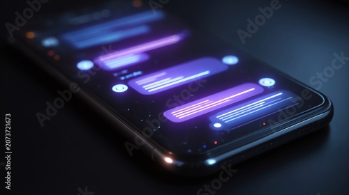 Close-up of a smartphone displaying glowing chat messages in a dark environment.