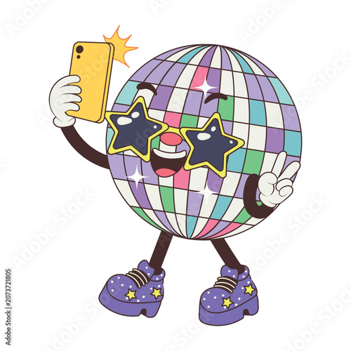 Cute selfie disco ball vector mascot in flat comic style with star glasses and V-sign hand for energetic retro 70s music party festival concept isolated on white.