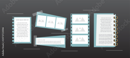 Creative scrapbook and photo album vector set featuring notebook paper, film strips, taped photo frames, and vintage memory layouts. Ideal for storytelling, photography, and design projects.