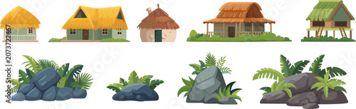 Fotografie Jungle hut and tropical landscape element vector set, cartoon tribal village bun