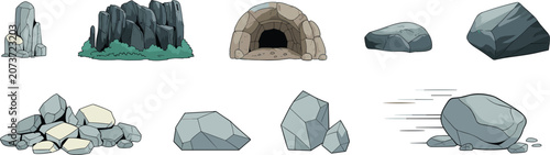 Photos Rock and cave elements cartoon vector set, grey boulders rockslide and mountain