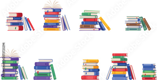 Photos Colorful book stack vector icon set, library bookstore school literature piles c