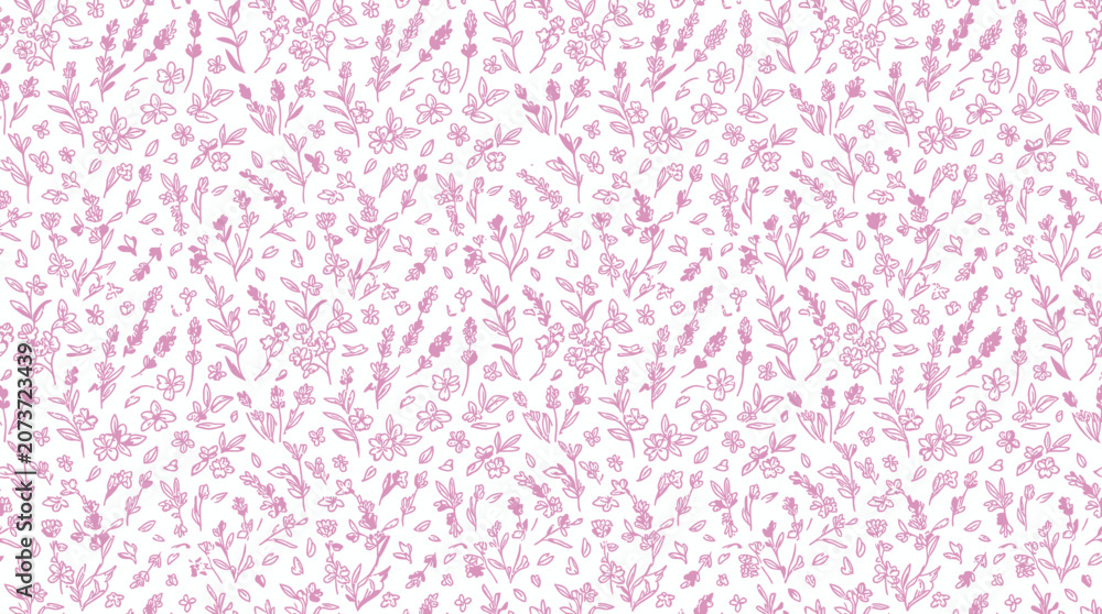 Fototapeta premium Delicate Floral Pattern: Lavender and Wildflowers, Hand-Drawn Sketch Style, Pink and White