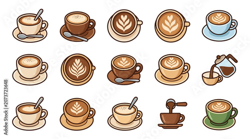 Coffee Break Icons: Latte Art, Cappuccino, Espresso, Pour Over Collection