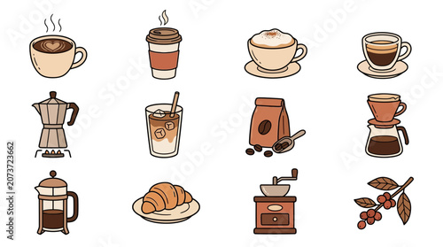 Coffee Collection: Cups, Beans, Grinder, Moka Pot, French Press, Croissant