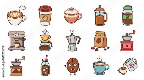 Coffee Collection: Drinks, Brewing Tools, and Beans - Vector Icons