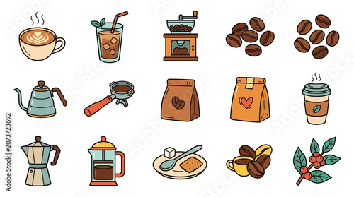 Coffee Collection: Hand-Drawn Icons of Beans, Drinks, and Brewing Tools
