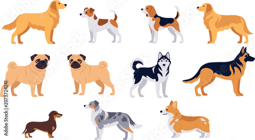 Obraz na plátne Popular Dog Breed Vector Set Featuring Golden Retriever German Shepherd Husky Co