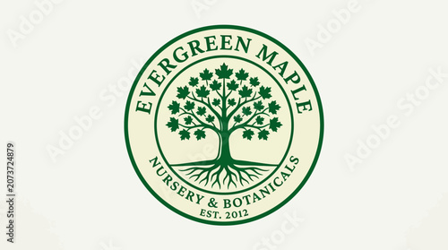 Evergreen Maple Nursery and Botanicals Logo with Tree and Roots.