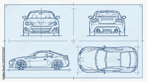 Car Technical Line Drawing Front and Side Views.