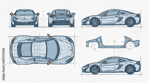 Car Technical Line Drawing Concept.