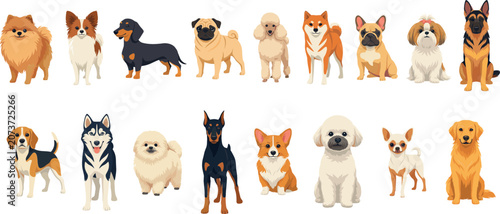 Cuadro en lienzo Dog Breed Vector Icon Collection Featuring Pomeranian German Shepherd Husky Beag