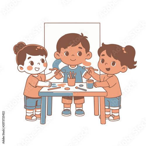 Three children painting together at a table