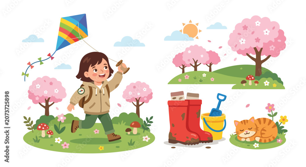 Fototapeta premium This vibrant vector illustration depicts a joyful girl flying a colorful kite in a beautiful spring park filled with blooming cherry blossoms.