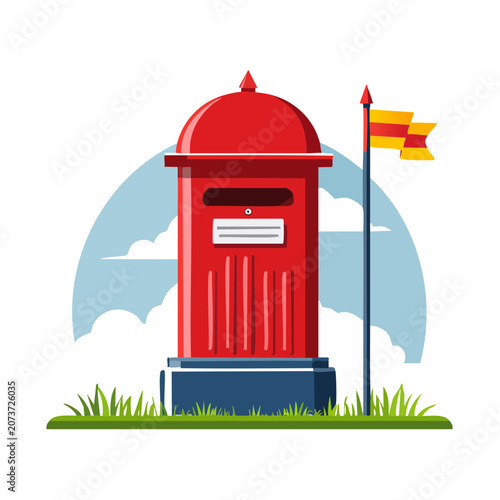 Red lighthouse with sun and ocean illustration