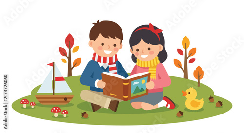 A boy and a girl sit on the grass outdoors, reading a book together surrounded by autumn trees, mushrooms, a toy boat, and a rubber duck.