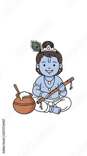 A cute cartoon illustration of baby Krishna holding a flute next to a pot of butter.