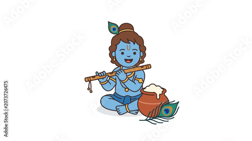 Cute baby Krishna playing the flute with a pot of butter.