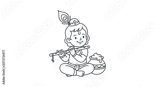 A cute line art illustration of baby Krishna playing the flute with a pot of butter.