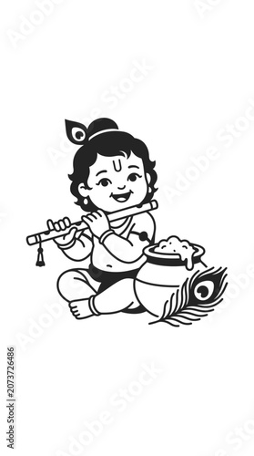 A charming black and white illustration of baby Krishna playing his flute.