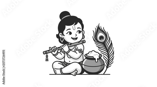 A charming black and white illustration of baby Krishna playing his flute.