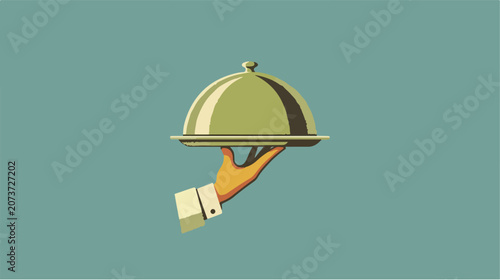 A hand wearing a formal sleeve holding a silver serving platter with a cloche.