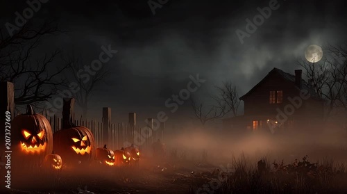 Spooky Halloween Pumpkins Glowing in the Fog Outside Haunted House