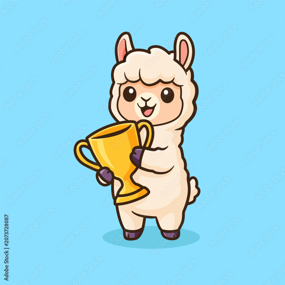 Fototapeta premium Cute Kawaii Alpaca Holding Gold Trophy Winner Vector