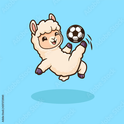 Cute Cartoon Alpaca Playing Soccer Vector Illustration