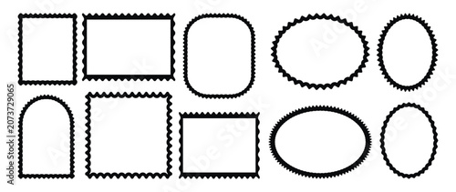 Black outline wavy zigzag rectangle frames set on transparent background. Post stamp frames and borders. Decorative banners and labels set for mail, postcard, letter, note.