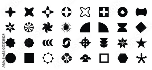 Set of  black collection geometric shapes. Modern geometric forms, minimalist simple design, abstract primitive bright figures, bahus style, star flower and circle, isolated graphic elements, garish.