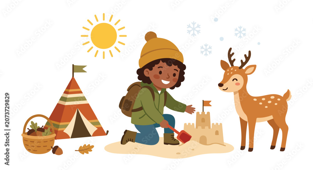 Naklejka premium A smiling child builds a sandcastle beside a friendly deer, featuring a cozy tent, a basket of acorns, a bright sun, and falling snowflakes.